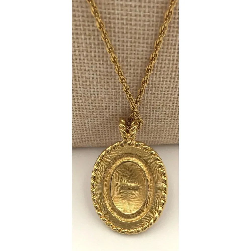 Monet Vintage Gold Tone Oval Cream Enamel Rope Border Pendant Necklace 24 Inch